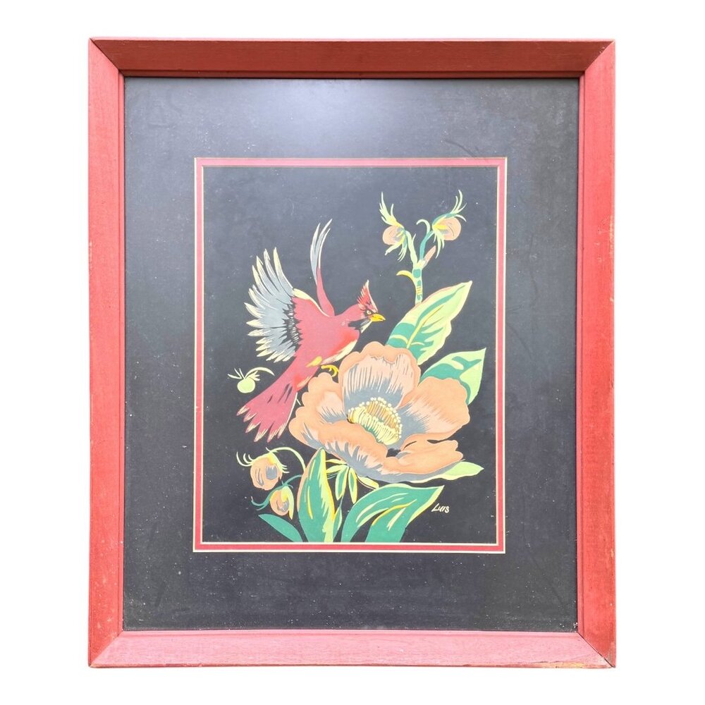 Vintage Oriental Japanese Cardinal Bird & Flower Art Print Signed Framed Matted